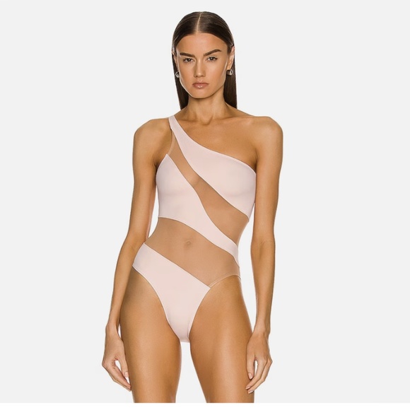Norma Kamali One-shoulder Mesh-Panel Snake Swimsuit In Blush Sz L - Picture 1 of 8
